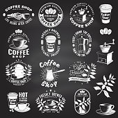 istock Set of Coffe shop logo, badge template on the chalkboard. Vector. Typography design with coffee grinder and coffee maker silhouette. Template for menu for restaurant, cafe, bar, packaging 1325954150