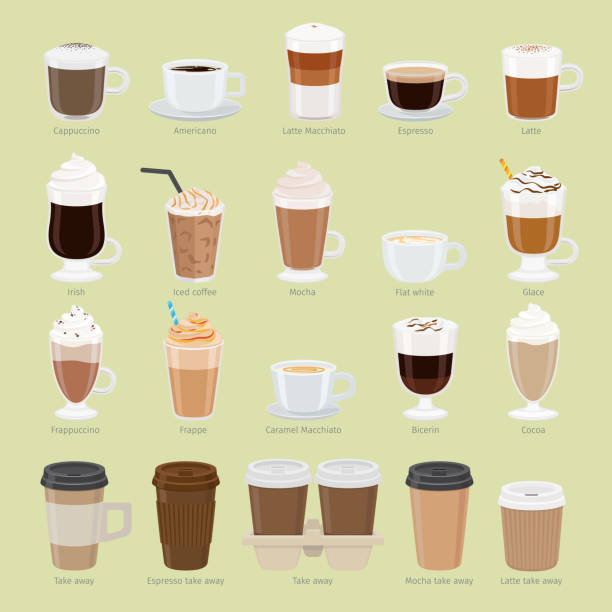 ilustrações de stock, clip art, desenhos animados e ícones de set of coffee types and packages. coffee menu - cappuccino