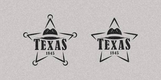 Set of color illustrations star, hat, text on background with wooden texture. Vector illustration in vintage style for print, emblem, badge, label. Symbols Texas. American western. cowboy hat template stock illustrations