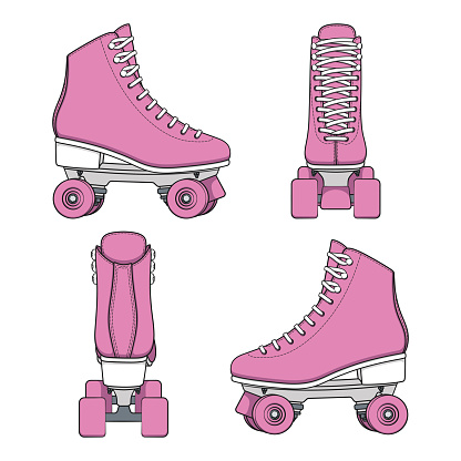 Set of color images with pink rollers, roller quads. Isolated vector objects on a white background.
