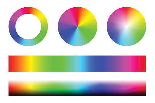 Set of color spectra RGB, wheel circles and stripes. Vector set on white background