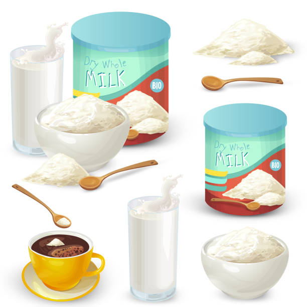 Set of color vector illustrations of whole milk powder. Vector set of cartoon illustration of milk powder in a closed aluminum can and poured into a bowl, a glass of prepared instant milk and the addition of milk powder into a cup of tea, coffee. baby formula stock illustrations