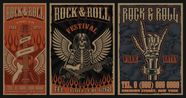Set of color vintage posters on the theme of rock and roll Set of color vintage posters on the theme of rock and roll with skeleton character, guitar and wings. rock stock illustrations