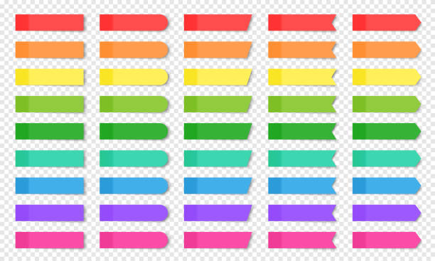 Set of colored realistic sticky notes isolated. Colored realistic sticky notes isolated. Set of vector paper bookmarks of different shapes - rectangle, arrow, flag. Collection of red, orange, yellow, green, blue and purple post notes on background adhesive note stock illustrations