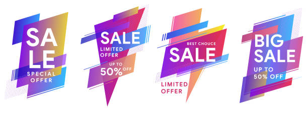 Set of colored stickers and sale banners. Flat geometric liquid shapes. vector art illustration