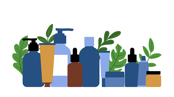 Set of colorful bottles with organic cosmetics. Vector flat illustration. Collection of plants, leaves and skincare products isolated on white.
