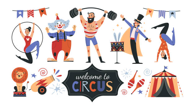 Set of colorful circus icons and banner text Set of colorful circus icons and banner text - Welcome To The Circus - with performers, acrobats, strong man, lion and Big Top tent, colored vector illustration circus stock illustrations