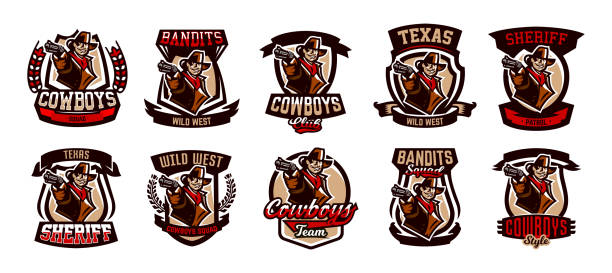 A set of colorful emblems, icons, cowboy with a revolver. Wild West, a bandit, a robber, a sheriff, a gunfight. Vector illustration A set of colorful emblems, icons, cowboy with a revolver. Wild West, a bandit, a robber, a sheriff, a gunfight. Vector illustration texas shooting stock illustrations