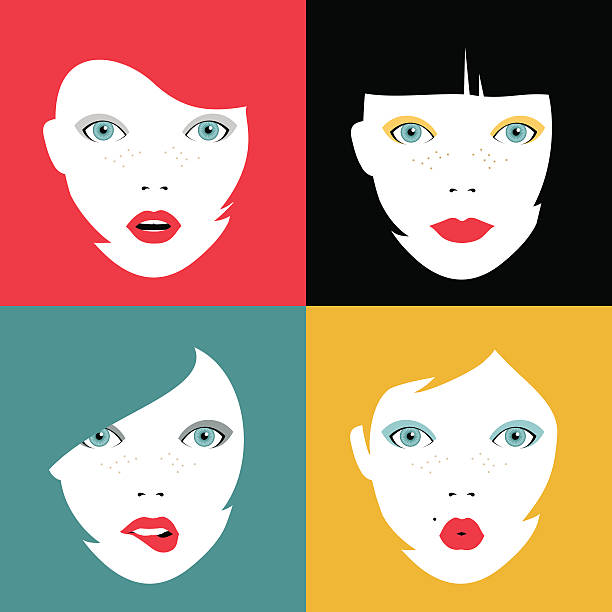 Set of colorful girl faces concept illustrations Illustration set of girl faces expressing different emotions. Concept woman portraits with colorful hairstyles and makeup. EPS10 vector. bangs hair stock illustrations