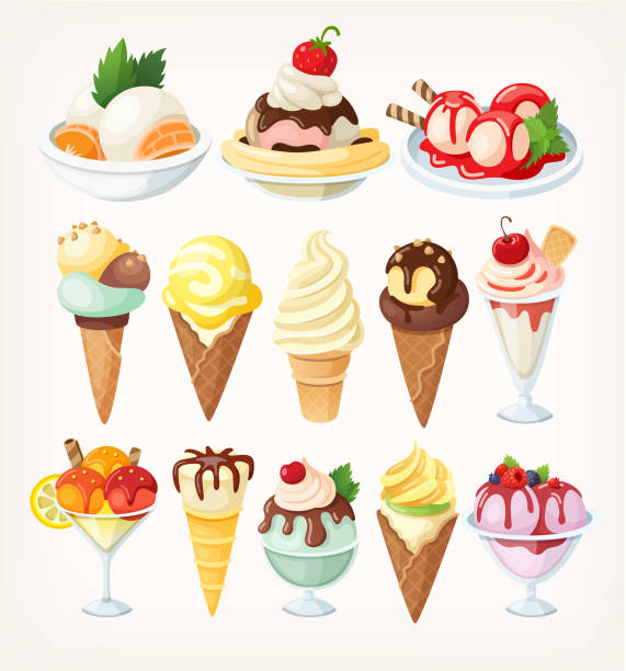 Set of colorful ice creams in waffle cups and cones and in glasses. Set of colorful ice creams in waffle cups and cones and in glasses. Isolated vector illustration bowl of ice cream stock illustrations