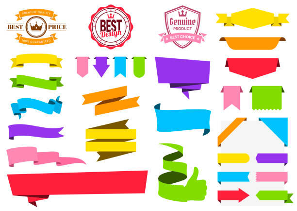 Set of Multicolored ribbons, banners, badges and labels (Red, orange, yellow, green, blue, purple, pink), isolated on a blank background. Elements for your design, with space for your text. Vector Illustration (EPS10, well layered and grouped). Easy to edit, manipulate, resize or colorize.