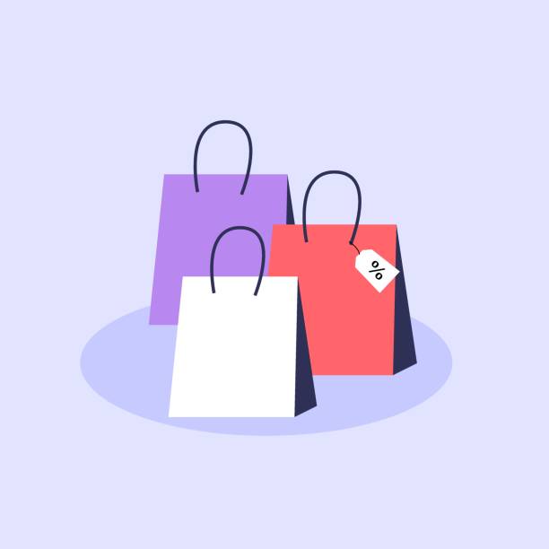 紫色の背景に隔離されたカラフルなショッピングバッグのセット - 買い物袋点のイラスト素材／クリップアート素材／マンガ素材／アイコン素材