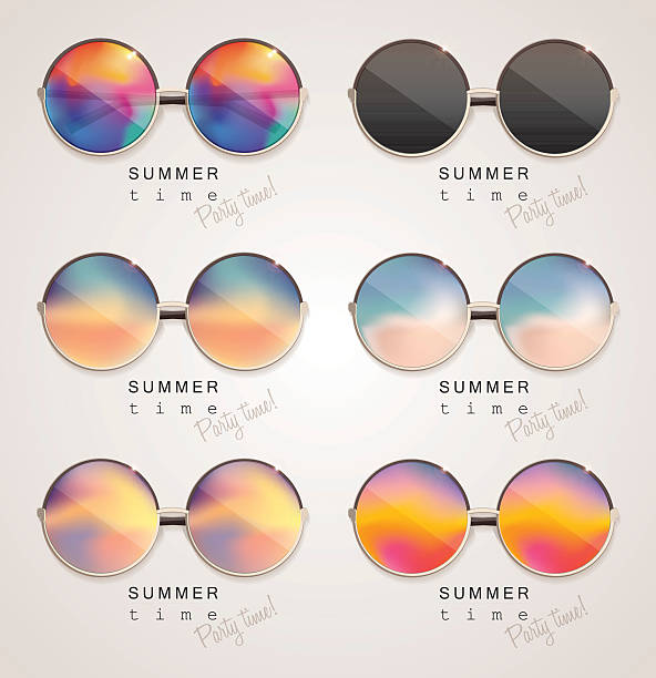 Set of colorful sunglasses with abstract gradient mesh glass mirrors Set of colorful sunglasses with abstract gradient mesh glass mirrors isolated on light background with summer time, party time lettering typography sunglasses stock illustrations