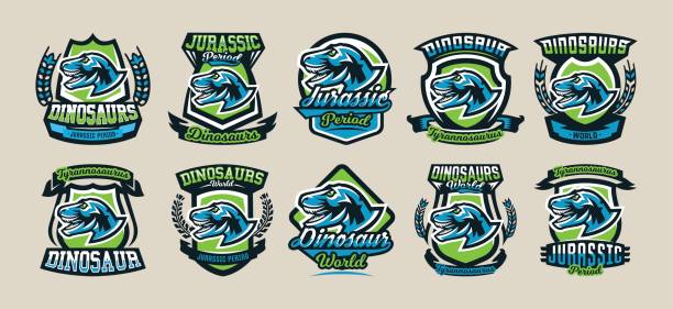 Set of colorful symbols, emblems, labels the world of the dinosaurs of the Jurassic period of the Mesozoic era is isolated on a background of the shield. Collection for printing on T-shirts  jurassic world stock illustrations