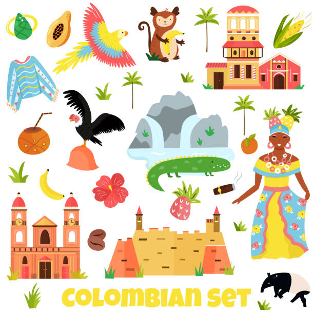 stockillustraties, clipart, cartoons en iconen met set van kleurrijke symbolen, oriëntatiepunten van colombia - illustraties reisbestemmingen