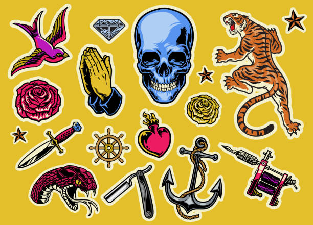 다채로운 문신 플래시의 세트 - 군집 동물 stock illustrations