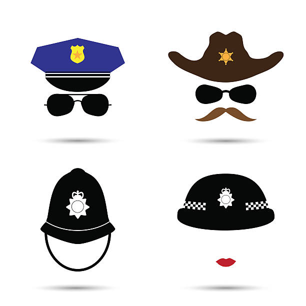Set of colorful vector icons isolated on white. Policeman icon Set of colorful vector icons isolated on white. Policeman icon.  Sheriff icon. Cowboy icon. British police helmet  police hat stock illustrations