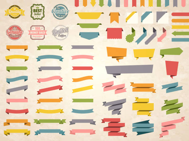 Set of Vintage multicolored ribbons, banners, badges and labels (Red, orange, yellow, green, blue, gray, pink), isolated on a brown retro background with an effect of old textured paper. Elements for your design, with space for your text. Vector Illustration (EPS10, well layered and grouped). Easy to edit, manipulate, resize or colorize.