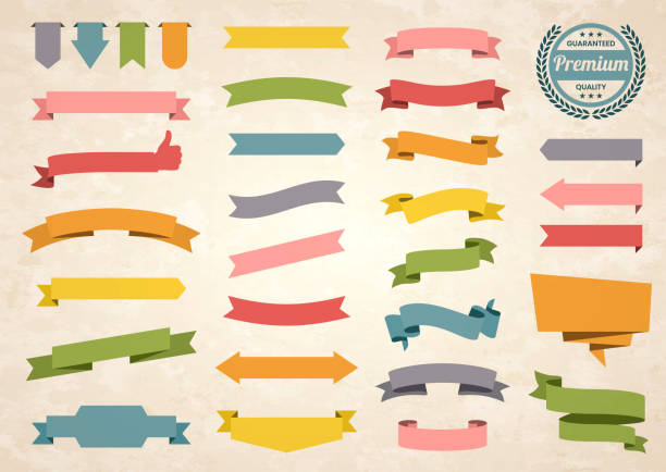 ilustrações de stock, clip art, desenhos animados e ícones de set of colorful vintage ribbons, banners, badges, labels - design elements on retro background - faixa web