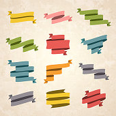 Set of Vintage multicolored ribbons and banners (Red, orange, yellow, green, blue, gray, pink), isolated on a brown retro background with an effect of old textured paper. Elements for your design, with space for your text. Vector Illustration (EPS10, well layered and grouped). Easy to edit, manipulate, resize or colorize.