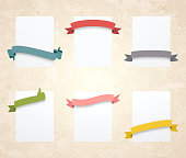 Set of 6 Vintage multicolored ribbons (Red, yellow, green, blue, gray, pink), on blank vertical white labels, isolated on a brown retro background with an effect of old textured paper. Elements for your design, with space for your text. Vector Illustration (EPS10, well layered and grouped). Easy to edit, manipulate, resize or colorize.