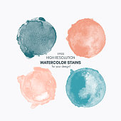 Set of colorful watercolor High Resolution hand painted round shapes, stains, circles, blobs isolated on white. Illustration for artistic design
