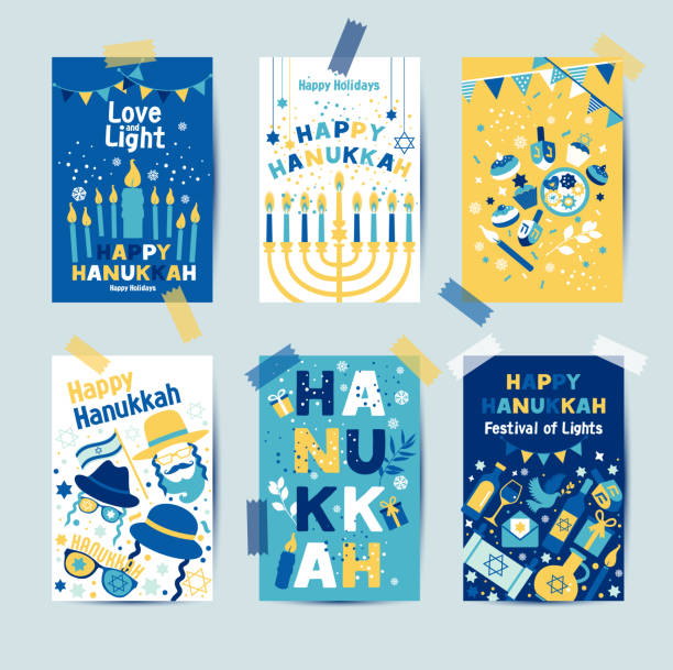 набор цветов шесть ханука поздравительные открытки со свечами, dreidel, еврейская звезда, масло, менора, пончик, кекс, конфетти, буквы. layout для ф� - hanukkah stock illustrations