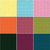 Set of nine geometric seamless patterns (yellow, pink, blue, turquoise, orange, green, purple). Vector. (EPS8, JPG 3000x3000)
