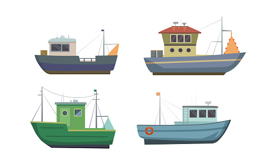 Collection set of commercial sea fishing trawlers vessels. Vintage ships for industrial seafood production. Isolated icons set illustration on a white background in cartoon style.