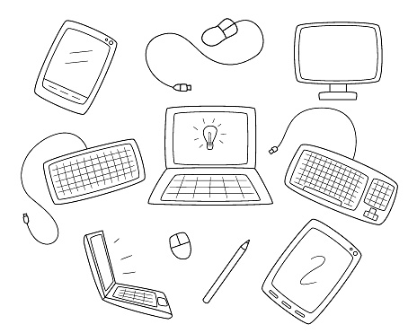 A set of computer equipment. Monitor, keyboard and mouse. Computer tablets and laptops.Contour black and white isolated illustration in doodle style on white.