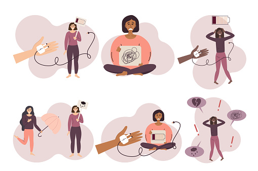 A set of concepts for anxiety disorders, panic attacks, and depression. Multicolored women. Help for people with mental disorders. Vector illustration in a flat linear style.