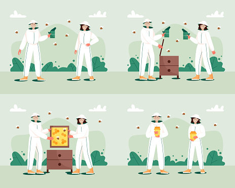 Set of concepts of beekeeping farm. Man and woman in hat and protective uniform.