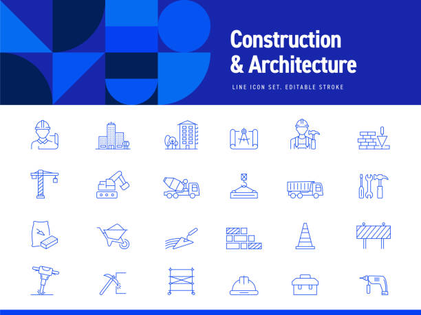 Set of Construction and Architecture Related Line Icons. Editable Stroke. Simple Outline Icons. Set of Construction and Architecture Related Line Icons. Editable Stroke. Simple Outline Icons. concrete drawings stock illustrations