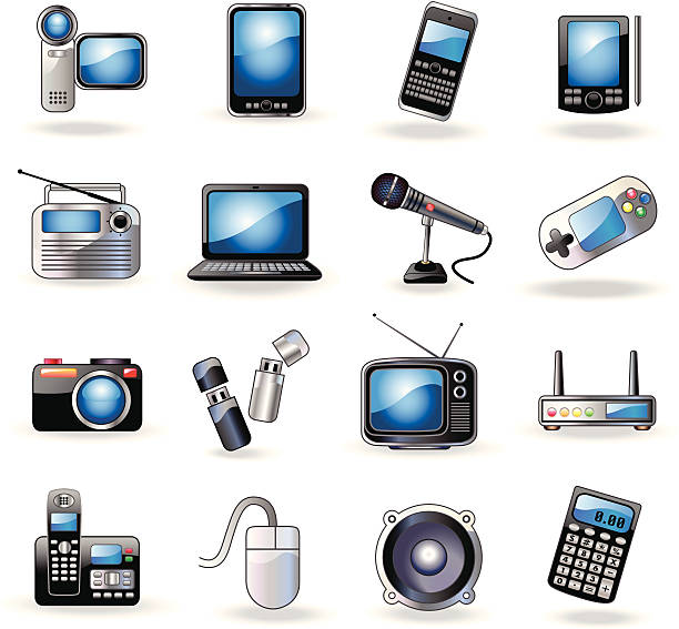 A set of consumer electronic related icons Vector icons of various consumer electronics. mic stencil stock illustrations
