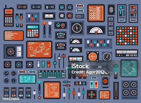 istock Set of control panel elements for spacecraft or technical industrial station 1199229844