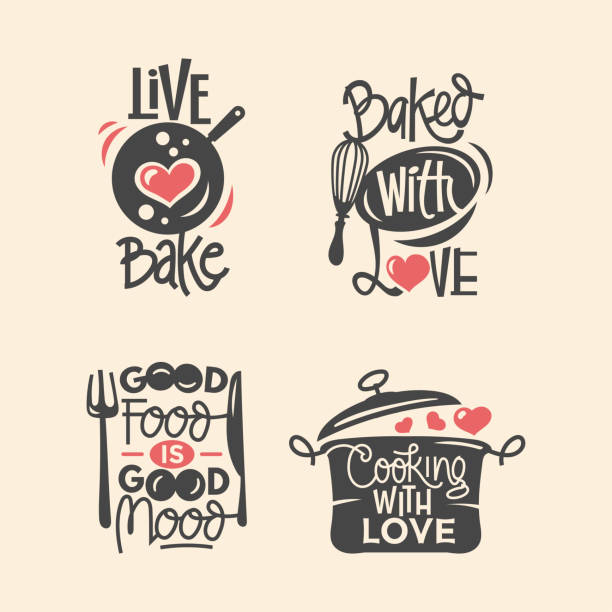Set of cooking quotes label, typography and handwriting vector Set of cooking quotes label, typography and handwriting vector cooking pan stock illustrations