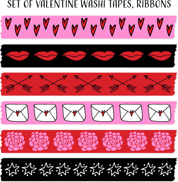 stockillustraties, clipart, cartoons en iconen met set of cool valentine washi tapes, ribbons with doodle patterns. - plakband mond