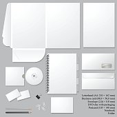Vector corporate identity templates with shadows, isolated on gray background. Letterhead, envelope, business card, folder, DVD, notebook, postcard, pencils, clip. Templates for business design.