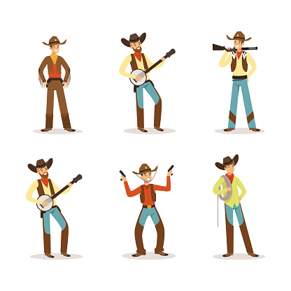 Set of Cowboys in Traditional Clothes, American Western Characters Cartoon Vector Illustration