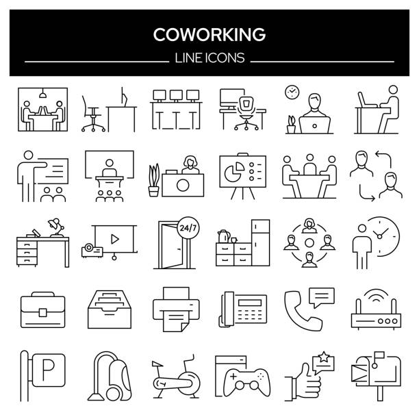 illustrations, cliparts, dessins animés et icônes de ensemble d’icônes de ligne liées au coworking. outline symbol collection, course modifiable - coworking