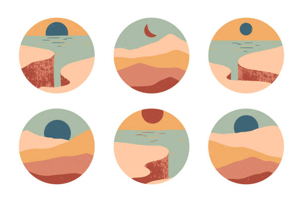 Set of creative abstract rocky mountain landscape round icons Set of creative abstract rocky mountain landscape round icons.Mid century modern vector illustration with cliffed coast,desert dunes,sky and sun.Trendy templates for stories.Futuristic abstract design desert area icons stock illustrations