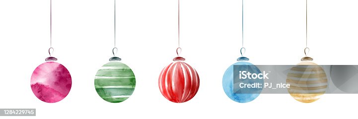 istock Set of creative elegant christmas balls with watercolor hand-painted 1284229745