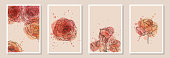 istock Set of creative minimalist hand draw illustrations floral outline with pink watercolor stain and splash. Design for wall decoration, postcard or brochure cover design 1291200589