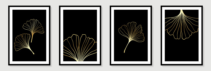 Set of creative minimalist hand draw illustrations floral outline golden ginkgo biloba leaves on black background. for wall decoration, postcard or brochure cover design