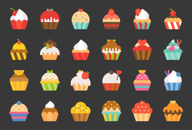 set of cupcake in various style, flat design icon  coffee cake stock illustrations