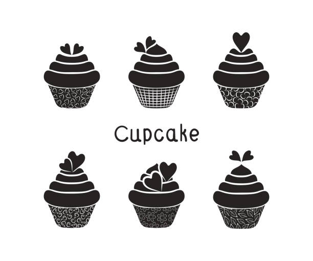 Set of cupcakes. Silhouettes of cupcakes with cream and hearts. Set of cupcakes. Silhouettes of cupcakes with cream and hearts. Images are black. The background is white. The text is black. Vector illustration. coffee cake stock illustrations