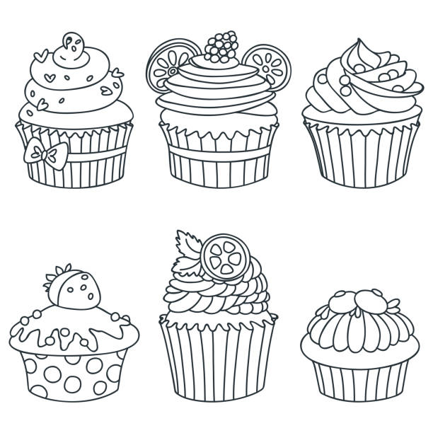 Set of cupcakes Black-n-white Hand drawn illustration of cupcakes decorated with cream, raspberry, hearts, mint, citrus, blueberry and cookies. Isolated on white background. Vector 8 EPS. cupcakes coloring pages stock illustrations