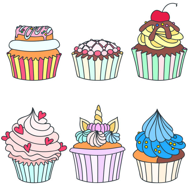 Set of cupcakes Hand drawn illustration of cupcakes decorated with cream, donut, cherry, hearts and unicorn horn. Isolated on white background. Vector 8 EPS. candy drawings stock illustrations