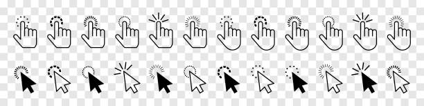 Set of cursor icons isolated on transparent background. Clicking hand. Vector elements collection Set of cursor icons isolated on transparent background. Clicking hand. Vector elements collection mouse stock illustrations