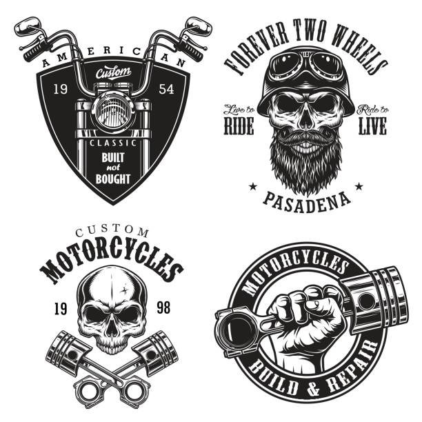 Set of custom motorcycle emblems Set of vintage custom motorcycle emblems, labels, badges, logos, prints, templates. Layered, isolated on white background Easy rider skull logo stock illustrations
